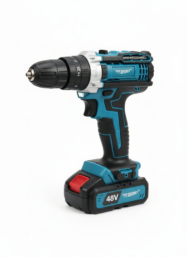 Top Rocket 48V Cordless Drill Machine Set with 2 Batteries, Charger & Complete Bit Kit – Blue