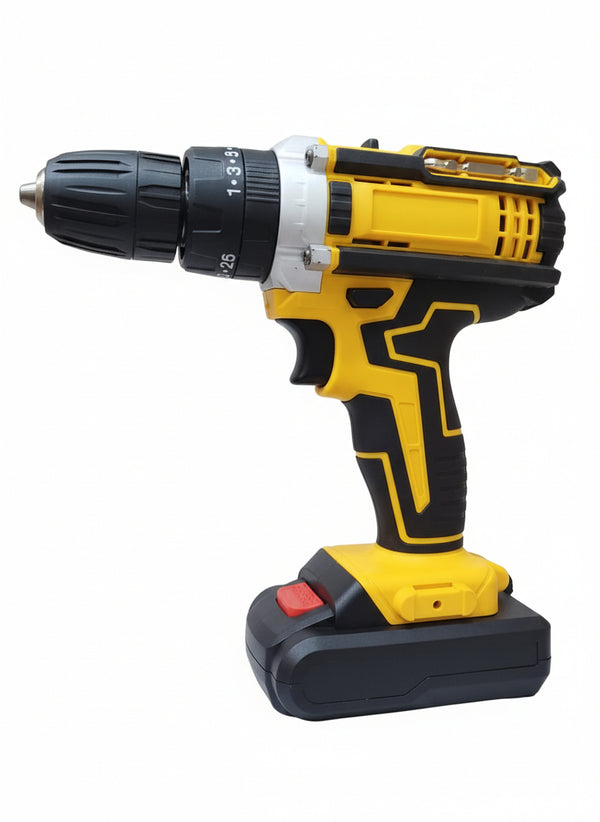 Yellow Cordless Drill Machine with 2 Lithium-Ion Batteries, Charger & Complete Bit Set